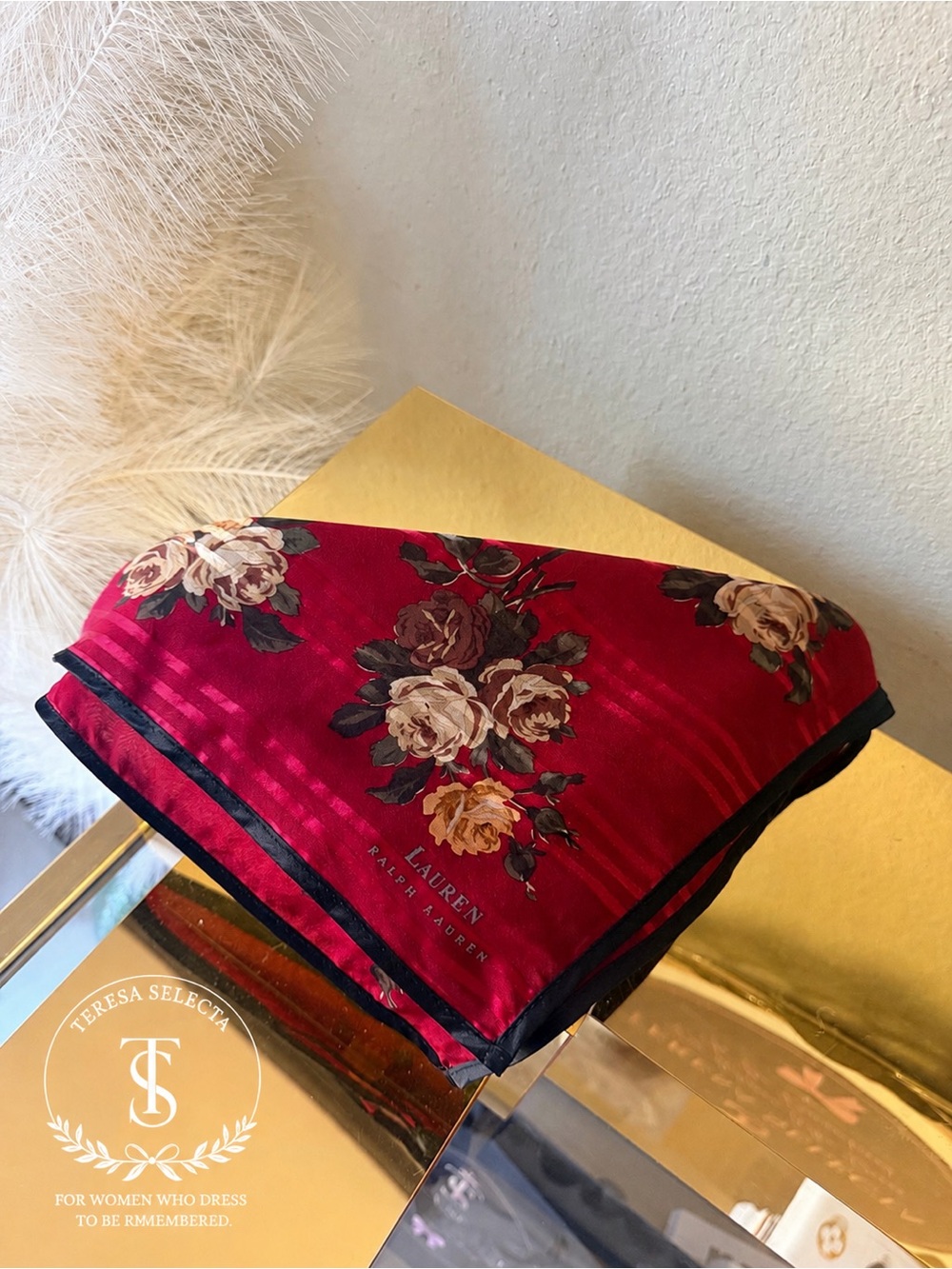 Lauren Ralph Lauren Red Floral Square Scarf Rose Print 21” Elegant